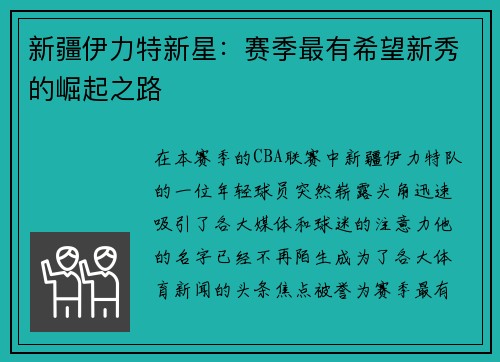 新疆伊力特新星：赛季最有希望新秀的崛起之路
